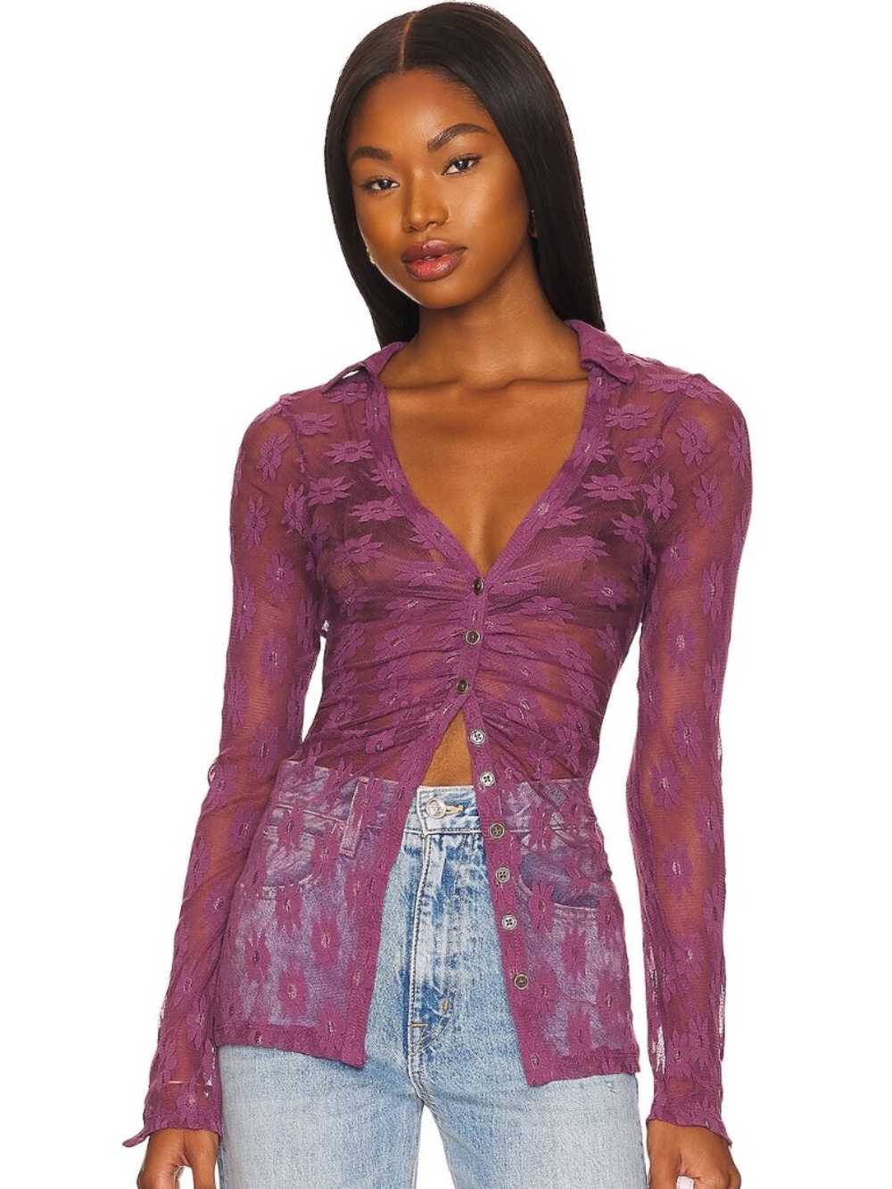 Free People Flower Fields Sheer Lace Blouse Boysenberry Boho Romantic Size L